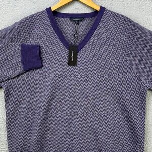 Turtleson Wool Sweater V-Neck Mens Large Purple Knit Herringbone Pullover NEW